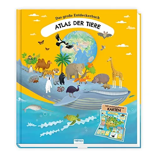 TRÖTSCH - Atlas der Tiere | Kinderatlas mit detailreichen Illustrationen und spannenden Fakten über die Tiere der Welt: Kinderbuch mit aufklappbaren Karten und Extra-Heftchen | Ab 9 Jahren