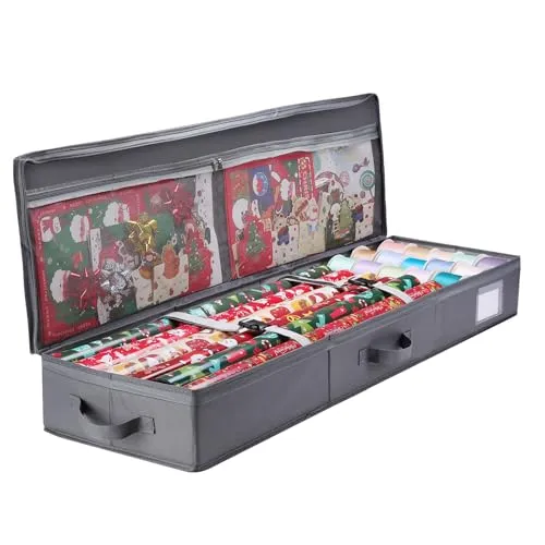 Bloomhüan Geschenkpapier Aufbewahrung - Premium Geschenkpapier Organizer - Wasserdichtes 600D Oxford Gewebe -Aufbewahrungstasche für Geschenkpapier mit Fächern für Rollen & Bänder - 102x30x12cm (Grau)