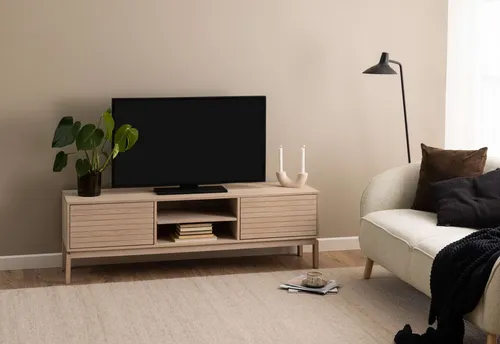 ACTONA GROUP Linley TV-Tisch, Lowboard, Fernsehtisch - TV-Halterung mit eleganter Lamellenfront und praktischer Push-to-open-Funktion, ideal für stilvolle Wohnzimmergestaltung. Maße: B:160cm, H:50cm, T:40cm.