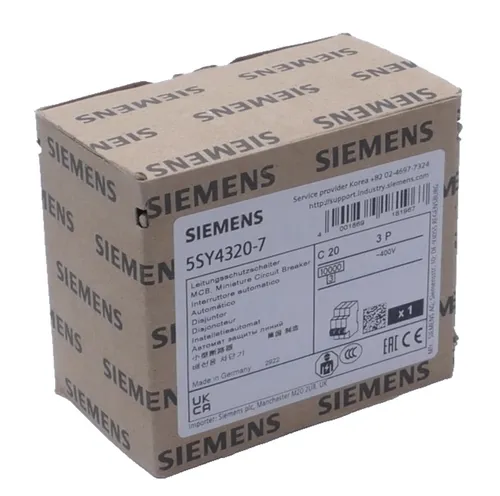 Siemens Leitungsschutzschalter 400V 10kA, 3-polig, C, 20A 5SY4320-7 - Schützzubehör mit 3 Polen, idealer Schutz bei Überlast und Kurzschluss, zuverlässig bis 400V, hergestellt in Deutschland.