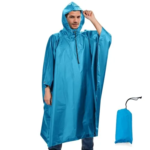 Sensong Regenponcho Wasserdicht Regencape mit Kapuze Multifunktionales Regenmantel Wiederverwendbar Regenkleidung Faltbare Ripstop Damen Herren für Wandern Jagd Camping Angeln Gebrauch Hellblau