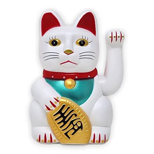 Starlet24® Winkende Glückskatze Winkekatze Lucky Cat Maneki-Neko Winkende Japanische Maneki-Neko batteriebetrieben (Weiss, 13cm)
