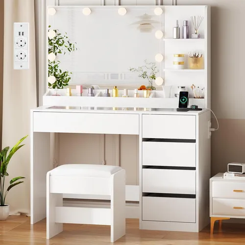 Schminktisch mit LED und Hocker in Weiß