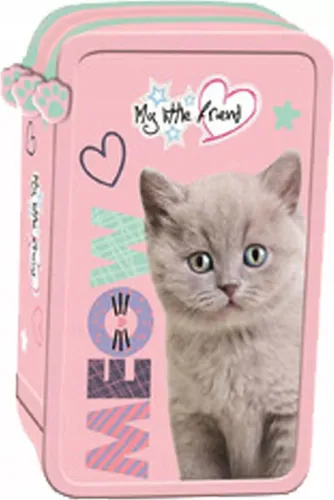 Goldkids Federmäppchen 3 Fächer - Gefülltes Schulmäppchen mit Katzenmotiv - Hochwertiges Federmäppchen für Jungen und Mädchen, ausgestattet mit 44 Teilen, ideal organisiert in 3 Fächern für kreativen Schulspaß.