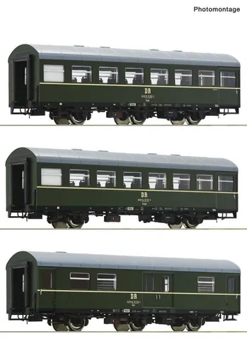 Roco 6200009 H0 3er Set Rekowagen - H0 Personenwagen in Grün, Epoche IV (1965 - 1990), ideal für Modellbahner und Sammler, hochwertig verarbeitet und detailgetreu.