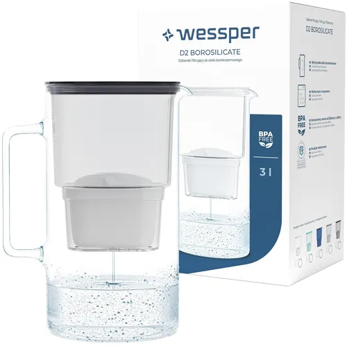 Wessper Wasserfilterkanne Glas 3L - Ideal für reines Wasser - Wasserfilterkanne aus Glas mit 3L Kapazität, inklusive 1 Filterkartusche, entfernt Chlor und sorgt für frischeren Geschmack.