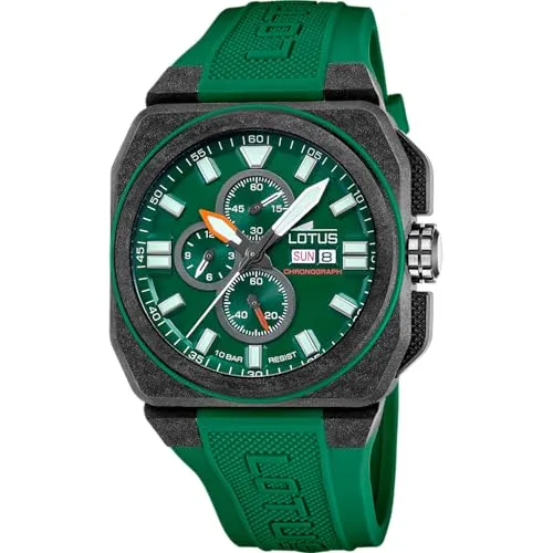 Lotus L18976/2 Herren Chronograph Armbanduhr - Stylische Armbanduhr für Herren mit grünem Ziffernblatt und robustem Carbonfaser-Gehäuse, wasserdicht bis 100 m – ideal für Sport und Alltag.