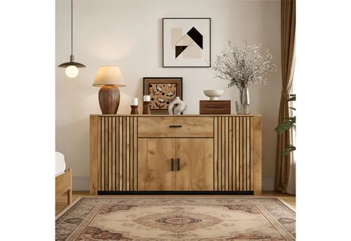 OKWISH Sideboard 160x75x40 cm – Eiche-Optik mit 4 Türen & 1 Schublade