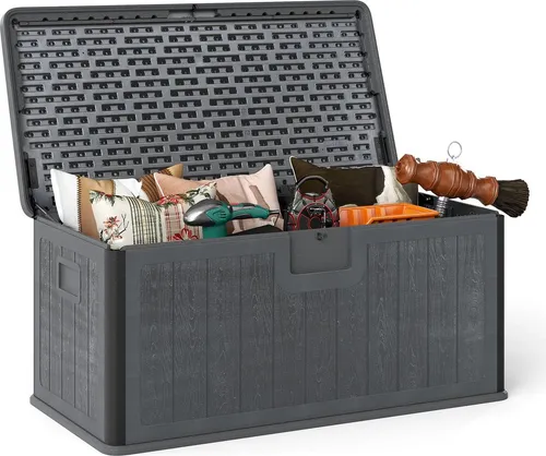 GOPLUS 378 L Gartenbox, Auflagenbox wasserdicht, Kissenbox mit abschließbarem Deckel & Griff, Gartentruhe für Terrasse, Poolzubehör (Grau)