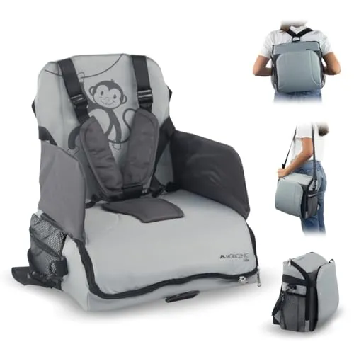 Mobiclinic® kids, Tragbarer hochstuhl, Monkey, Europäische marke, Reisehochstuhl, 6 bis 36 monate, 15kg, Faltbar, Verstellbarer 5-punkt-gurt, Mit aufbewahrung, Baby, Babysitz, Grau