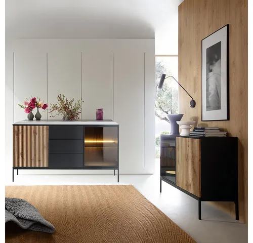 Lomadox Wohnzimmer-Set SIBARI-160, 2-tlg. Kommode & Sideboard in Schwarz und Wotan Eiche - Modernes Wohnzimmer-Set SIBARI-160 mit eleganter LED-Beleuchtung und praktischen push-to-open Türen. Stilvolles Design für ein gemütliches Ambiente. Perfekt für zeitgemäße Wohnräume!