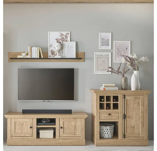 Lomadox Wohnzimmer-Set COLBY-61, (Mega-Spar-Set, 3-St., Kommode Lowboard Wandregal), in Eiche mit LED-Beleuchtung, Landhausstil, schwarze Metallgriffe