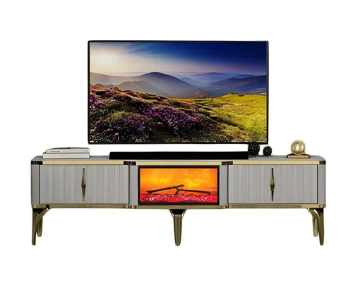 TV Lowboard mit Dekokamin - Modernes Sideboard für Ihr Wohnzimmer - Stylisches TV-Lowboard in Weiß, 160 cm breit, mit 2 Schubladen und 1 Regalfach. Ideal für eine moderne Einrichtung und bietet praktischen Stauraum.