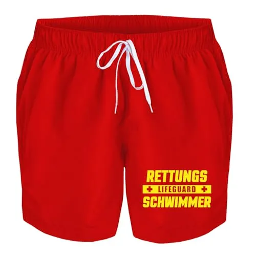 deinshirt Badehose Herren Lifeguard Rettungsschwimmer Badeshorts Bedruckt Männer Schwimmhose Beach Shorts Swim Shorts Men, Größe:L, Farbe:rot