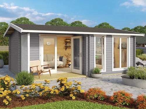 Gartenhaus Blockhaus Satteldach 44 mm Brighton 44 grau - Geräumiges Blockhaus mit 18,5 m² Nutzfläche, ideal für Gartenlagerung oder Freizeit, inklusive abschließbarer Doppeltür und hochwertigem Holzboden.