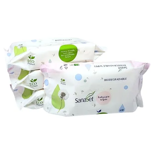 SanaSet Baby Feuchttücher - sanftes Toilettenpapier/Spucktücher mit Aloe Vera, Kamille & Olivenöl für empfindliche Haut - biologisch abbaubar, nachhaltig aus 100% Naturfasern (240 Stk (4er Pack))