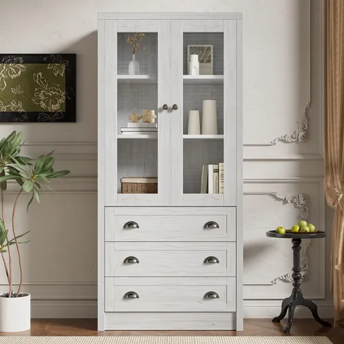 MODFU Vitrine, HighboardSideboardKommode mit 3 Schubladen & Kupfergriffenmit GlastürenWeiße Holzmaserung