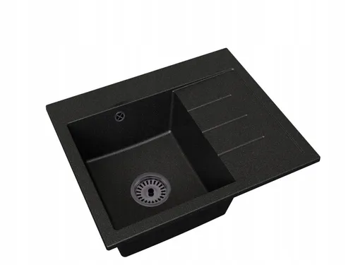 Spülbecken aus schwarz gesprenkeltem Granit, Abtropffläche rechts, Siphon