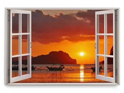 Paul Sinus Wandbild 120x80cm Fensterbild Thailand Sonnenuntergang Abendrot Fischerboote Meer
