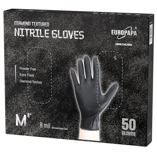 EUROPAPA® 50x extra Dicke Nitrilhandschuhe DiamantGrip Diamant Perfect Grip Einweghandschuhe Montageschutzhandschuhe puderfreier latexfreier Arbeitshandschuhe (8 mil, M, Schwarz)