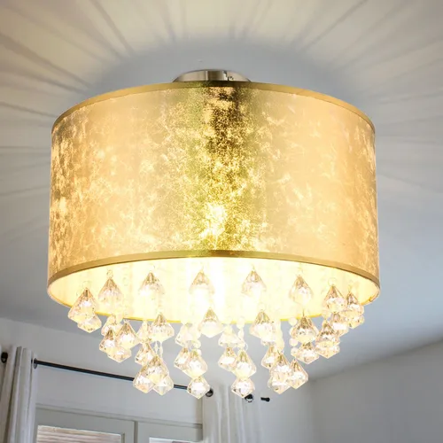 Kristall Decken Lampe mit Blattgold Design und LED Leuchtmittel - Elegante Deckenleuchte für den Wohnraum. Der dichte Behang aus Acrylkristallen bricht das Licht und erzeugt Regenbögen an Decke und Wänden. Inklusive energieeffizientem LED Leuchtmittel.