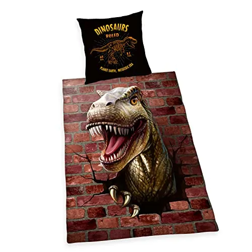 Familando Kinderbettwäsche mit Dino Muster und 3D T-Rex - Bettwäsche-Set in 135x200 + 80x80 cm aus 100% Baumwolle, mit einem aufregenden 3D T-Rex Motiv, perfekt für kleine Dinosaurier-Fans und pflegeleicht waschbar.