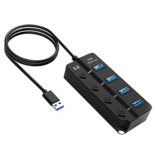 OcioDual 4 Port USB Typ A 3.0 Hub Adapter EIN/AUS Tasten mit LED Lichter Schwarz fur PC Desktop Laptop Multiport ON/Off Schalter Buttons Splitter Konzentrator