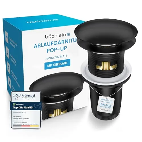 Bächlein Universal Ablaufgarnitur mit Überlauf (Matt Schwarz) - Pop Up Ventil für Waschbecken - Waschtischarmaturen, einfache Installation ohne Werkzeug und zuverlässige Push-Push-Funktion für müheloses Öffnen und Schließen.