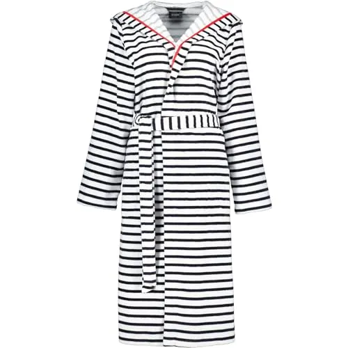 Cawö Home Damen Bademantel mit Kapuze - Schwarz-Weiß Streifen - Bademantel für Damen aus extraleichter Walkvelours-Qualität, pflegeleicht und trocknergeeignet, aus 100% hochwertiger Baumwolle, Made in Germany.
