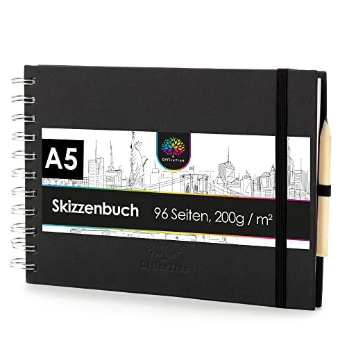 OfficeTree Skizzenbuch A5 Spiralbindung - Querformat - 96 Seiten 48 Blätter - Sketchbook A5 200g - Weißes Blanko Papier - Skizzenbuch Aquarell - Skizzenheft inklusive Bleistift