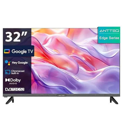 Antteq G32 Smart TV 32 Zoll (80 cm) 1366x768P Google TV (Google Assistant, 60 Hz) Triple Tuner DVB-C/S/S2/T/T2, Bluetooth 5.1, Dolby Audio, App Store, Prime Video, Netflix, YouTube, DAZN, Disney+
