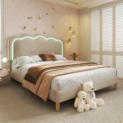 Flieks Polsterbett 140x200cm mit Lattenrost - Polsterbett in Beige mit höhenverstellbarem, blütenblattförmigem Kopfteil und LED-Lichtleiste für die perfekte Schlafatmosphäre. Ideal für Kinder, Jugendliche und Erwachsene.