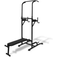 vidaXL Power Tower mit Sit-Up-Bank - Multifunktionales Fitnessgerät - Stationen & Hantelbänke, ideal für ein umfassendes Workout mit Klimmzügen, Dips und Sit-Ups, höhenverstellbar und bis 150 kg belastbar.