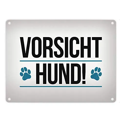 Vorsicht Hund! Metallschild mit Pfoten Motiv in blau Warnung Hinweis Achtung