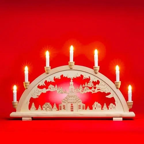 SIKORA LB13-7 Schwibbogen aus Holz mit 7 elektrischen Kerzen - Traditioneller Holzschwibbogen mit feinem Motiv der Seiffener Kirche. Perfekte Weihnachtsdeko für stimmungsvolle Beleuchtung in der Adventszeit. Langlebiges Nadelholz, einfach in der Handhabung und bereit für festliche Momente.
