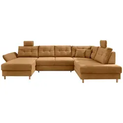 Livetastic Wohnlandschaft, Gold, Textil, Buche, 6-Sitzer, Füllung: Schaumstoff, Ottomane rechts, U-Form, 338-352x206 cm, Made in EU, Liegefunktion, seitenverkehrt erhältlich, Schlafen auf Sitzhöhe, Rücken echt, Armteil links, Wohnzimmer, Sofas & Couches, Wohnlandschaften, Wohnlandschaften in U-Form