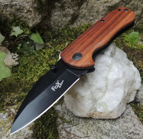 Fox Outdoor COMPACT Mini Taschenmesser Schwarz Holzgriff - Komfortables Einhandmesser mit Holz- und Metallgriff, perfekt für unterwegs und vielseitig einsetzbar.