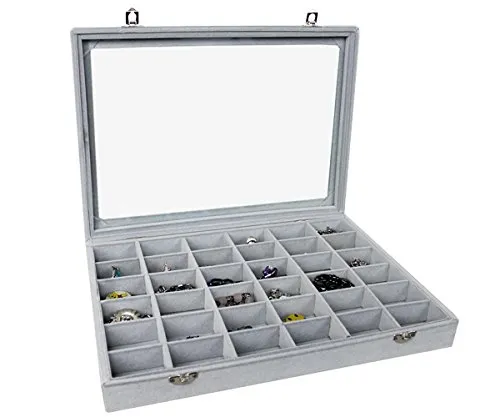 Schaukasten Schmuckkasten Schmucklade Schmuckdisplay Glasdeckel grau (36 Fächer)