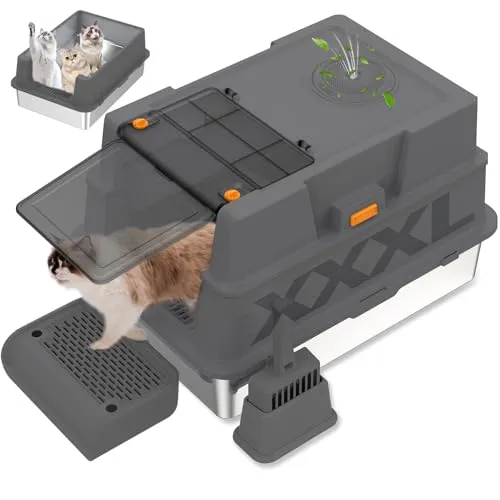 GOYJOY XXXL Katzenklo Edelstahl mit Deckel, XXXL geschlossene Metall-Katzentoilette für große Katzen, mehrere Katzen, mit Streuschaufel, Fußpedal und Katzentoilette, Geruchskontrolle, einfache