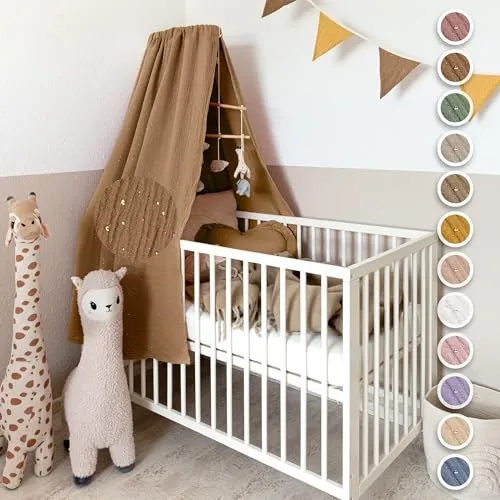 lilimaus Betthimmel Babybett mit Goldapplikationen - Baby Betthimmel aus 100% Musselin Baumwolle, atmungsaktiv und perfekt für eine beruhigende Schlafumgebung. Flexibel anbringbar und in 12 Farben erhältlich, ideal für jedes Kinderzimmer.