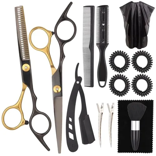 Haarschneideset 16 Stück, 17 cm Friseur Schere, Scharfe Haarschneideschere mit Rasiermesser Friseurumhang, Effilierscheren, Haarschneide Set für Damen Herren Kinder Familie Friseursalon