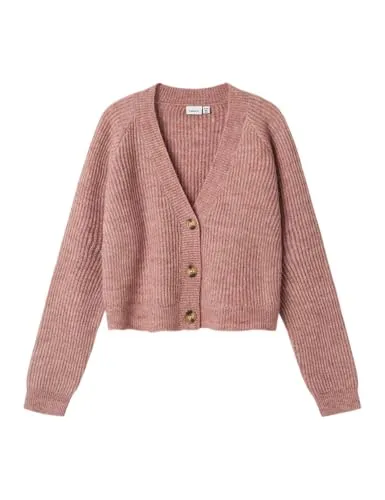 Name It Strickjacke Plain in Rosa 122/128 - Strickjacke für Kinder aus recyceltem Material, in altrosa mit lockerer Passform und langem Arm - ideal für einen lässigen Look.