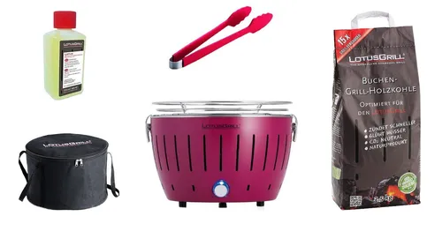 LotusGrill S Small Kompakt Starter-Set Pflaumenlila - Der raucharme Holzkohlegrill für Balkon und Camping: In nur 4 Minuten betriebsbereit! Geringe Rauchentwicklung und einfache Reinigung machen ihn ideal für unbeschwerte Grillabende.