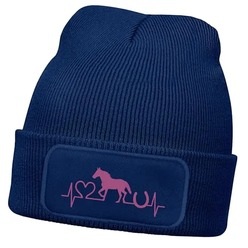 MoonWorks® Wintermütze Kinder Beanie für Mädchen Reiten Herzschlag Pferd mit Patch Aufdruck Print Strickmütze Navy-pink Unisize