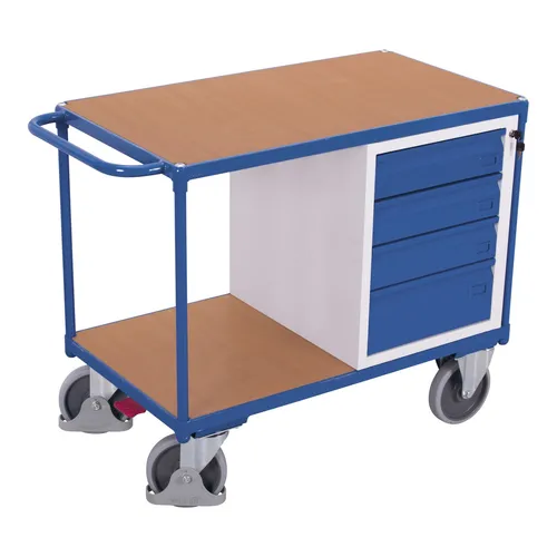 VARIOfit Werkstattwagen sw-600.602 - 500kg Tragkraft, 4 Schübe, zentral abschließbar - Robuster Montagewagen mit 4 Schüben und Ablageboden aus MDF im Buchedekor. Ideal für Werkstätten, mit EasySTOP Bremsen und 12 Jahre Garantie.