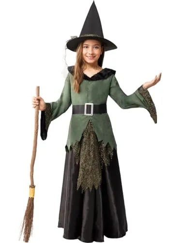 Funidelia Hexen Kostüm Deluxe für Mädchen - Kostüm für Kinder (Größe 5-6 Jahre) mit Jacke, Rock, Gürtel und Hut. Ideal für Halloween, Karneval und Kostümpartys – einzigartig und exklusiv von Funidelia.