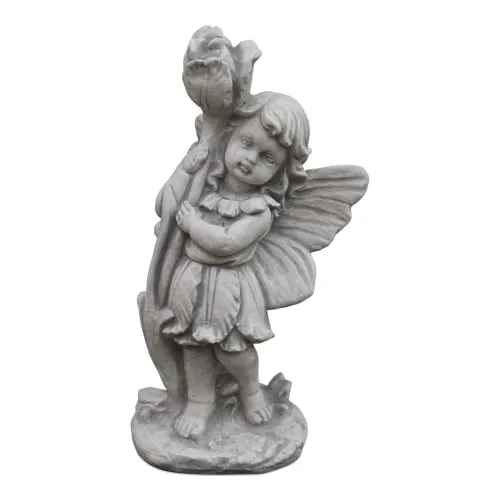 Gartenfigur Elfe mit Rose - Steinfigur, H. 32 cm, frostsicher - Figuren für den Garten: Diese zauberhafte Elfe mit Rose bringt Magie in Ihren Garten und ist frostsicher, ideal für ganzjährige Dekoration.