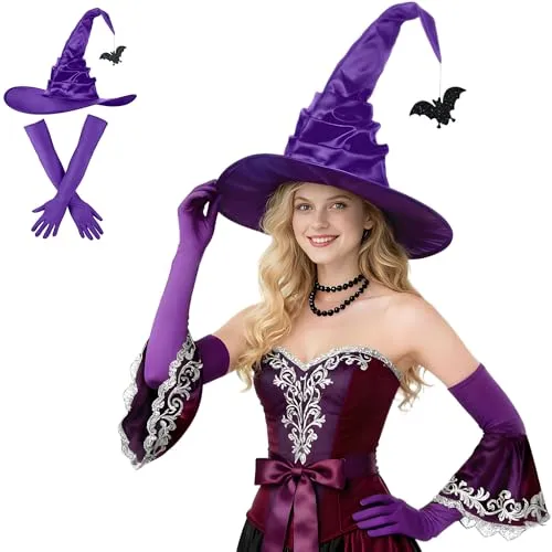 Hexenhut Damen, Schwarz Halloween Hexe Hut mit Fledermausanhänger & Lange Handschuhe Set – Zaubererhut für Karneval Fasching Cosplay Party Kostüm Zubehör Accessoires für Erwachsene Frauen (Lila)