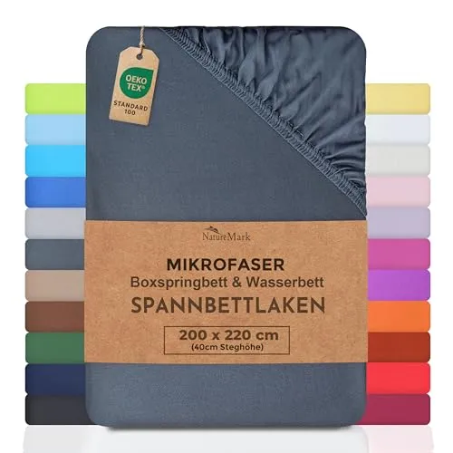 NatureMark Microfaser Boxspringbett & Wasserbett Spannbettlaken 200 x 220 cm - 40 cm Steghöhe - 200x220cm Spannbetttuch - 100% Polyester, Anthrazit/Dunkel grau