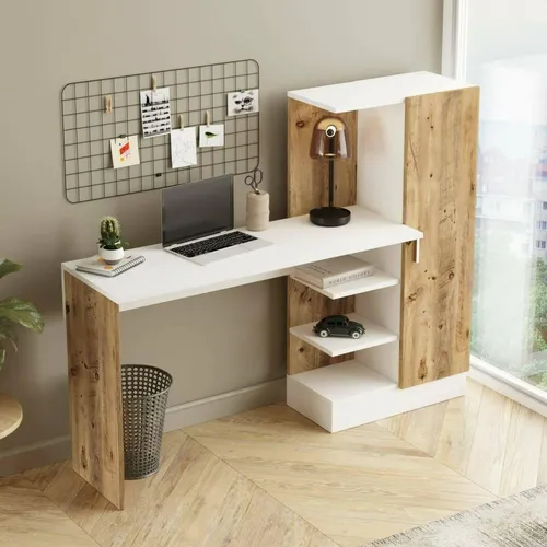 Schreibtisch Dfasolat, Mehrzweckschreibtisch für PC, Eckschreibtisch, 152x40h120 cm, Eiche und Weiß